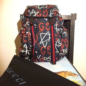 💯%* Gucci Ghost Navy Blue and Red Canvas Backpack